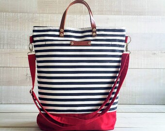 Sac fourre-tout en toile rayée poignées en cuir, détails rouges