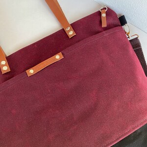 ALINDA Waxed Canvas LARGE Shoulder and Messenger Tote Bag Burgundy and Black Large image 2