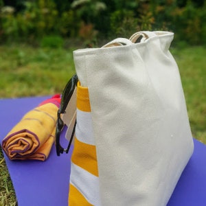 YAHO Beach Tote Bag, LARGE tote, Yellow and White bold striped, market tote, stripe tote bag, yellow white stripes, shoulder bag image 4