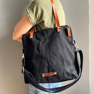 Waxed Canvas Tote Bag in CHARCOAL BLACK Milano MEDIUM Size image 5