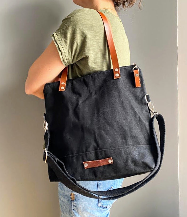 Waxed Canvas Tote Bag in CHARCOAL BLACK Milano MEDIUM Size image 5