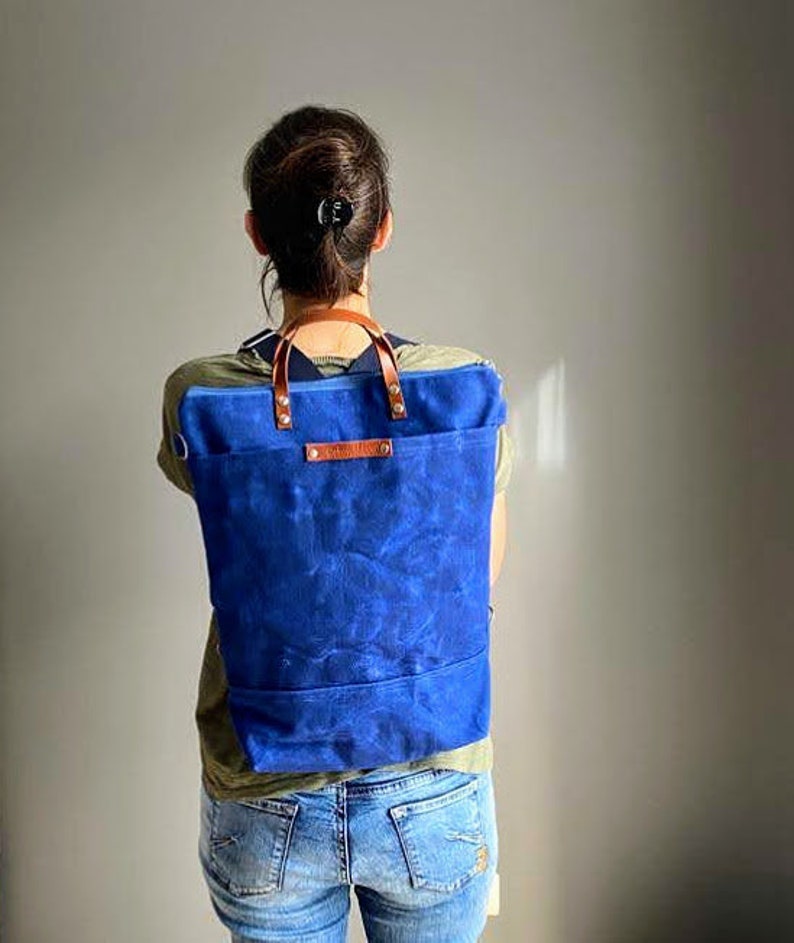 Waxed Canvas Backpack in BLUE, Convertible Backpack, Diaper Backpack, A3, Rucksacks true blue image 1