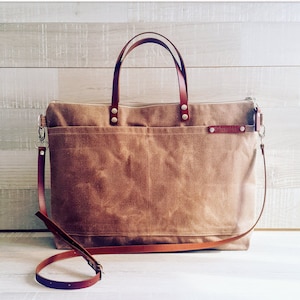 Waxed Canvas Weekender Tote Bag in BEIGE / TAN