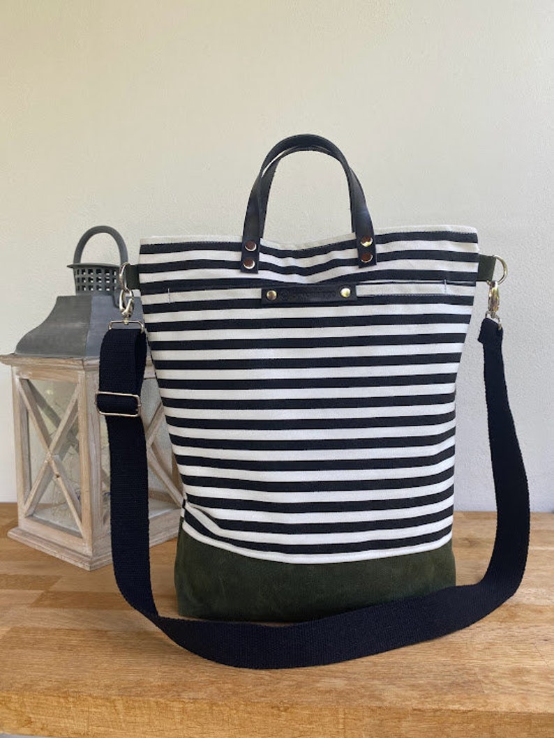 PATARA Tote Bag, canvas tote, Black/White Striped cotton canvas and red canvas, men tote bag, women tote bag, Christmas gift, Messenger Bag image 2
