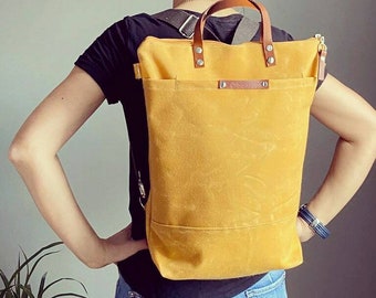Waxed Canvas Convertible Backpack: Mustard Yellow Leather  display picture 3