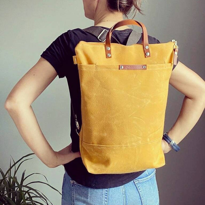 Waxed Canvas Backpack Mustard Yellow, Convertible Backpack, Diaper Backpack, A3, Rucksacks mellow yellow zdjęcie 2