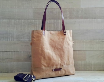 Waxed Canvas Tote Bag in BEIGE ( Camel ) | Milano, tote bag pouch set, waxed diaper tote bag, leather strap