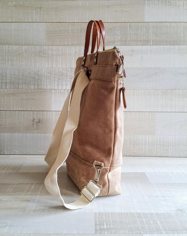 Waxed Canvas Backpack BEIGE / TAN , Convertible Backpack, Diaper Backpack, A3 waxed canvas Bag, Rucksack, Multi pockets bag image 3