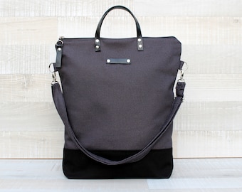 Unisex canvas draagtas: donkergrijs en zwart, leren handvatten