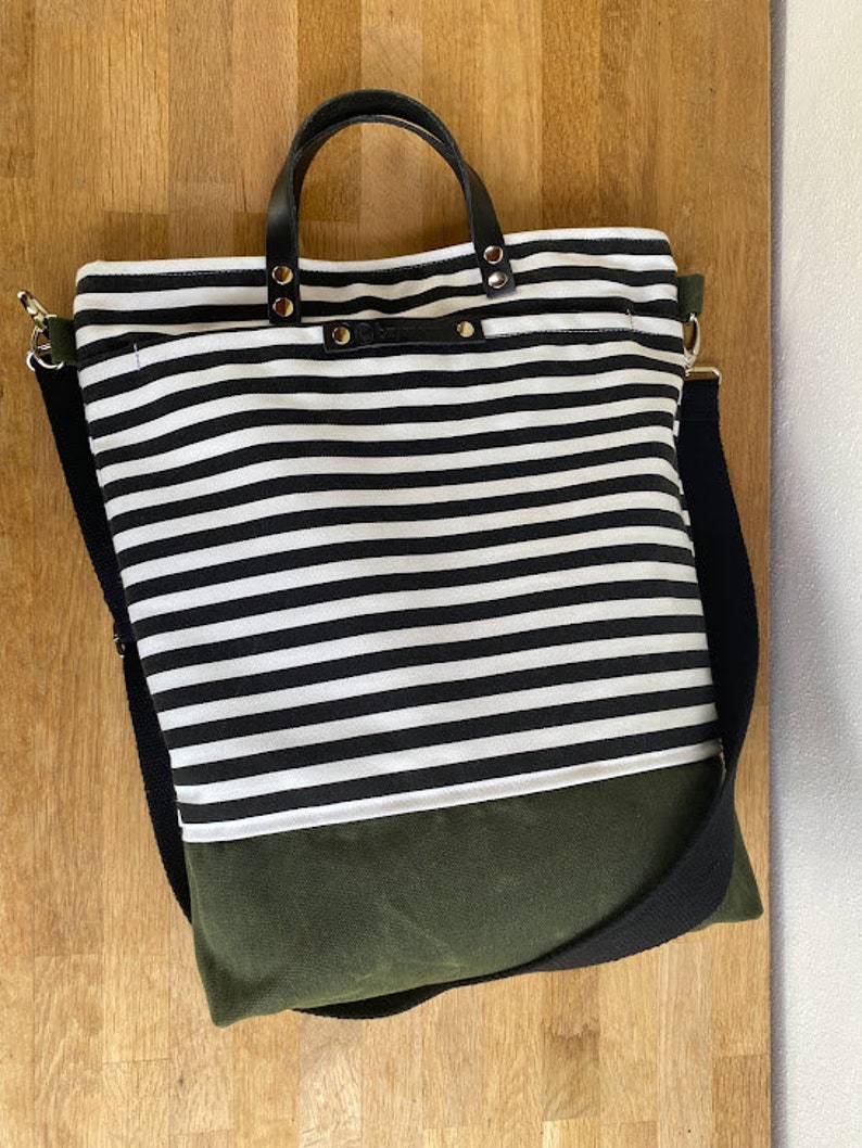 PATARA Tote Bag, canvas tote, Black/White Striped cotton canvas and red canvas, men tote bag, women tote bag, Christmas gift, Messenger Bag image 6