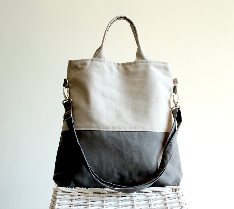 UNISEX Tote Bag Grey and Khaki Colorblock Tote LAPTOP BAG Etsy