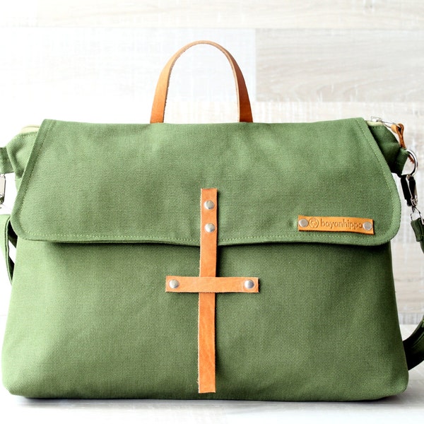 Unisex Canvas Laptop Bag, Green Men Bag, EXPRESS SHIPPING, Macbook 13" Pocket, Olive Messenger Bag, Men, Women, Genuine Leather Crossbody