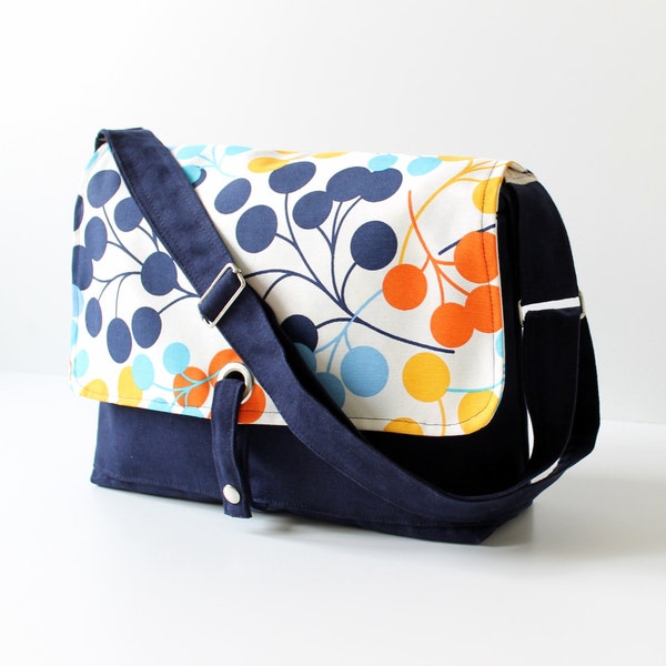 LAST ONE - Modular Messenger Bag II in Dark Blue with Floral Dots / Shoulder Bag / Laptop Bag / Diaper Bag / Travel Bag