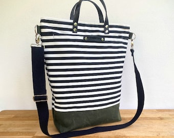 PATARA Tote Bag, canvas tote, Black/White Striped cotton canvas and red canvas, men tote bag, women tote bag, Christmas gift, Messenger Bag