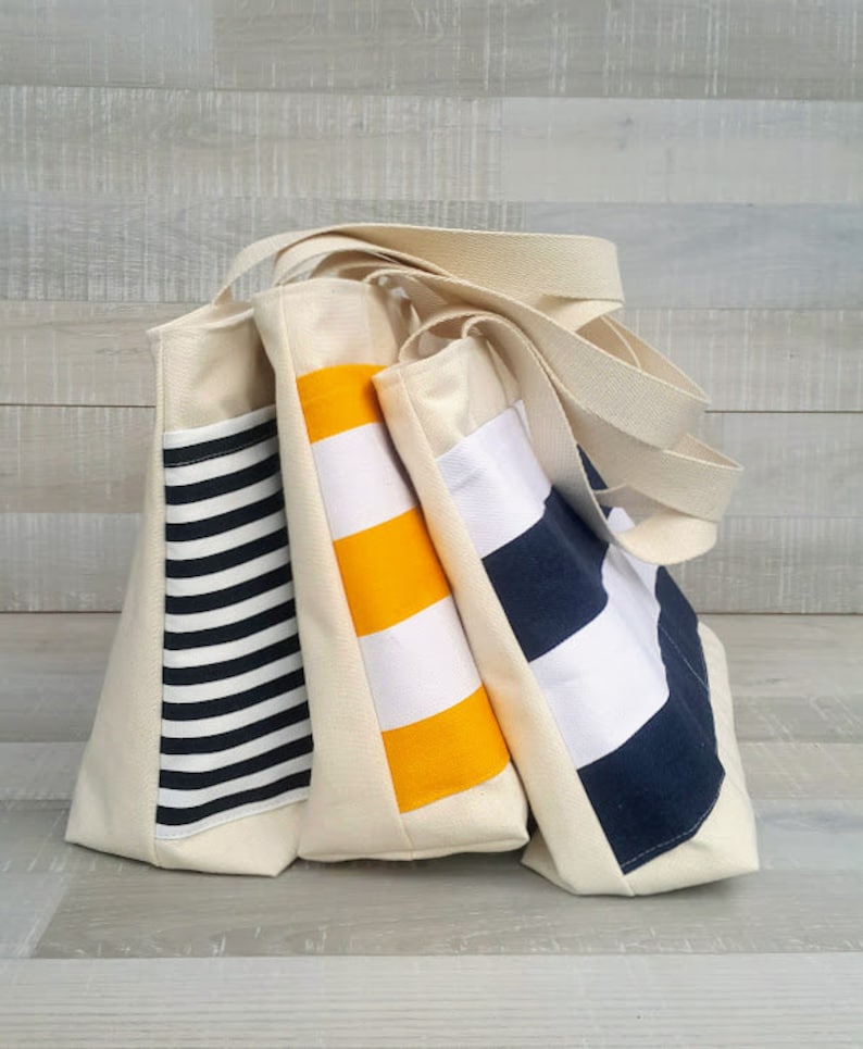 YAHO Beach Tote Bag, LARGE tote, Yellow and White bold striped, market tote, stripe tote bag, yellow white stripes, shoulder bag image 5