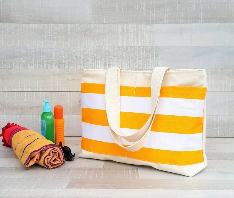 YAHO Beach Tote Bag, LARGE tote, Yellow and White bold striped, market tote, stripe tote bag, yellow white stripes, shoulder bag image 1