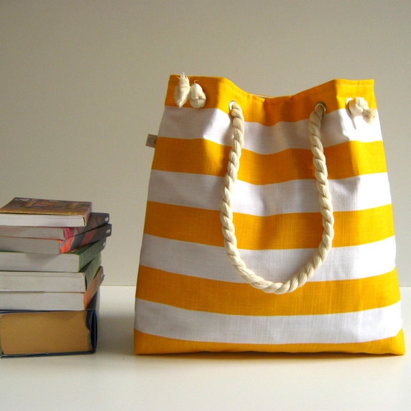 Sailor Tote Bag --for market or beach or gym-- -yellow and white bold striped, X-Large and cotton rope straps-