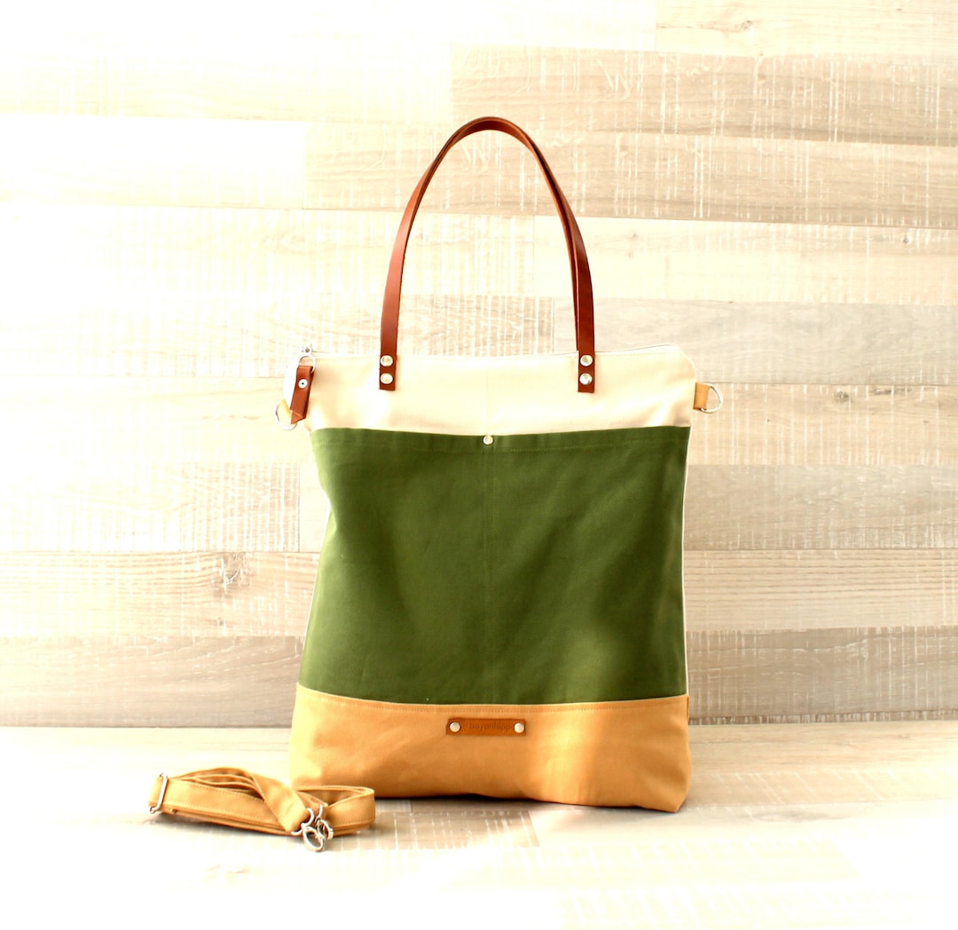 Canvas Tote Bag, Zip Closure, EXPRESS SHIPPING, Mustard Green Cream