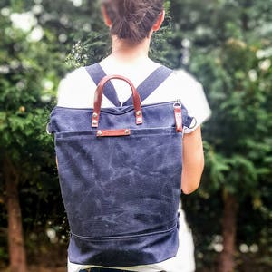 Waxed Canvas Backpack in BLUE, Convertible Backpack, Diaper Backpack, A3, Rucksacks true blue image 7