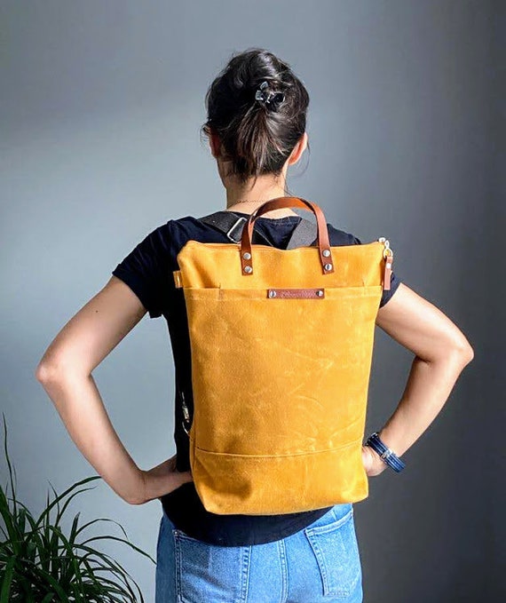 Waxed Canvas Backpack Mustard Yellow Convertible Backpack 