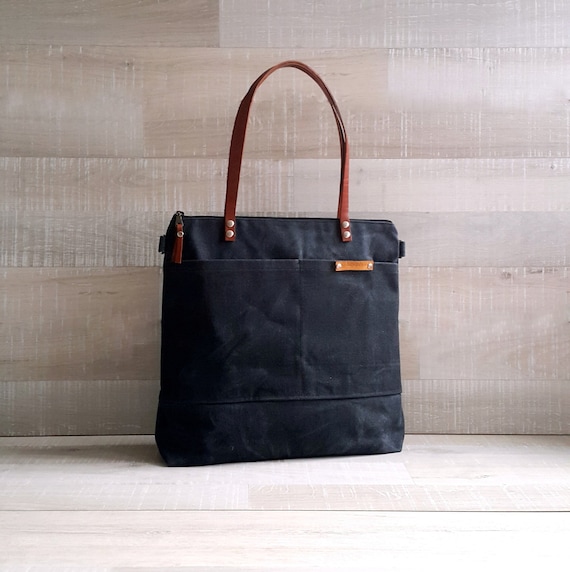WAXED CANVAS TOTE in Charcoal Grey / Black ZiPPERED Unisex | Etsy