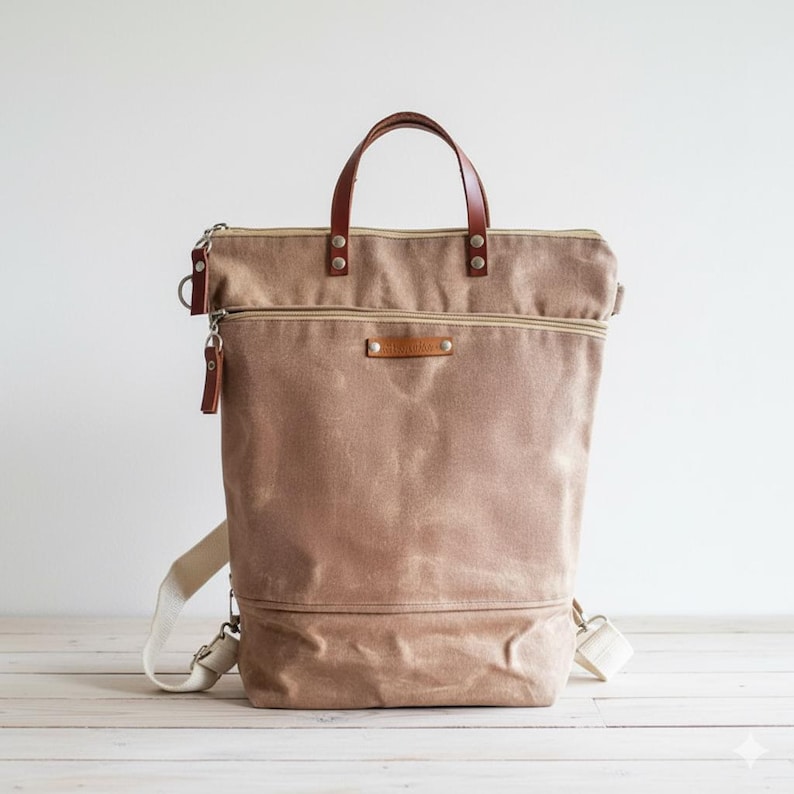 Waxed Canvas Convertible Backpack: Beige Tan Rucksack, Diaper Bag image 2
