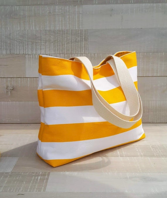 AHOY Beach Tote Bag MEDIUM Tote Yellow and White Bold Striped Market Tote Stripe Tote Bag Yellow White Stripes Shoulder Bag Etsy Canada
