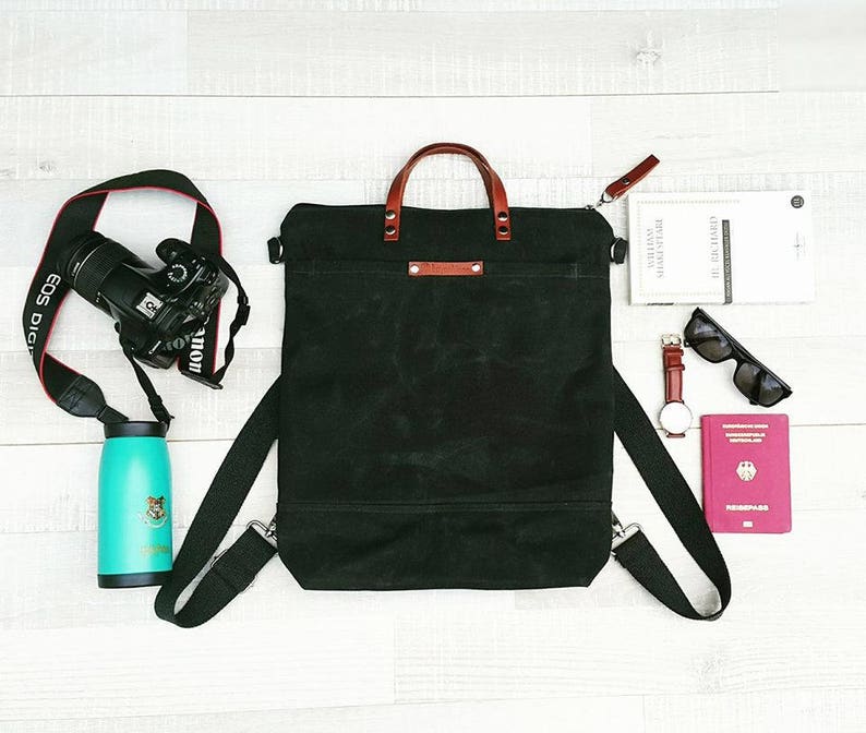 Waxed Canvas Backpack, Convertible Backpack, Diaper Backpack, A3 waxed canvas Bag,Rucksack, Multi pockets bag image 4