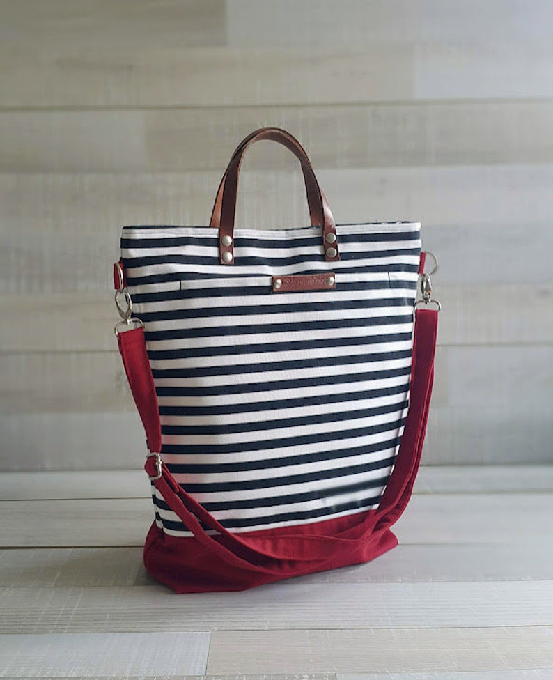 PATARA Tote Bag, canvas tote, Black/White Striped cotton canvas and red canvas, men tote bag, women tote bag, Christmas gift, Messenger Bag image 8