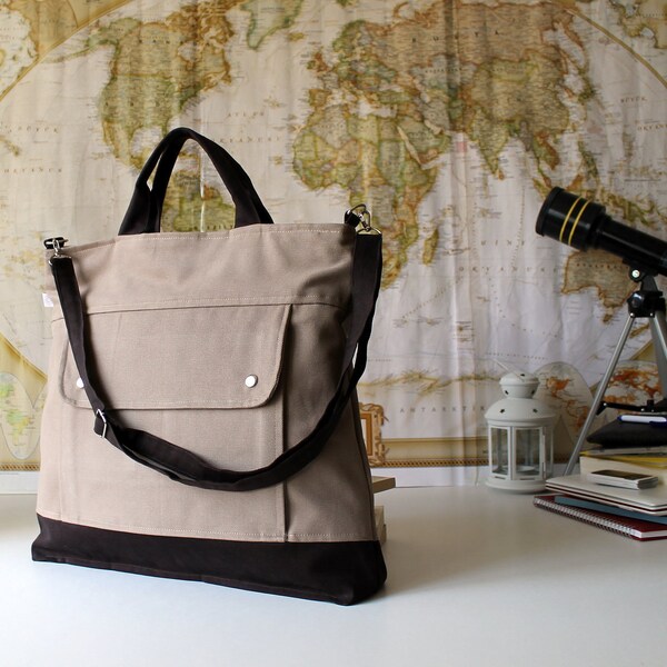 LAST ONE - Men, Project Messenger Bag in Light Brown, UNISEX multi functional handstiched - handbag, carry bag - macbook pro - large