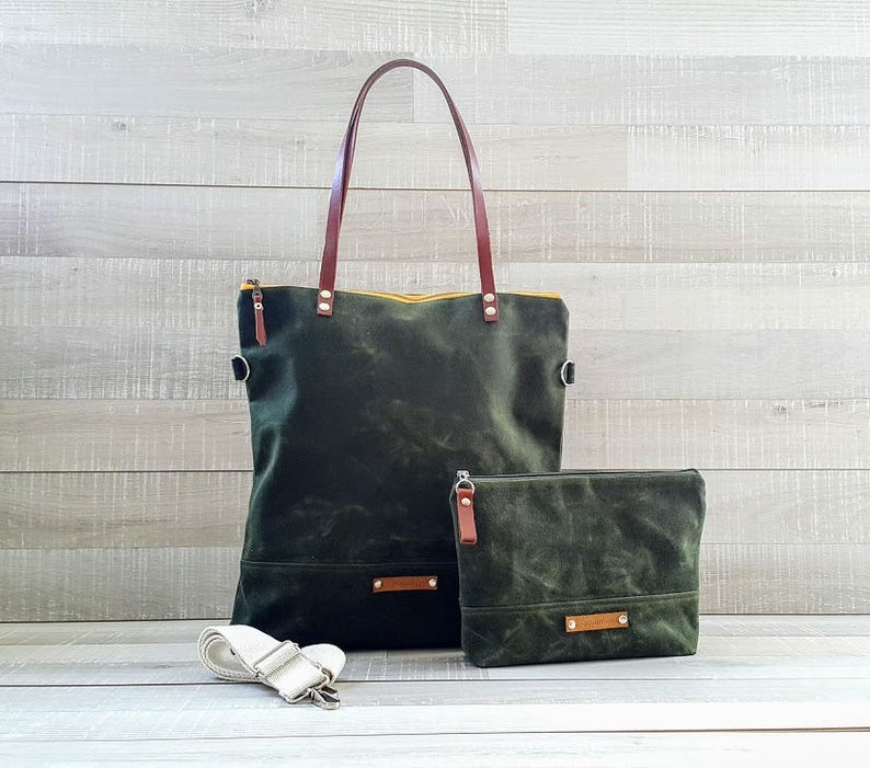 Waxed Canvas Tote Bag in Dark Forest Green Milano image 1