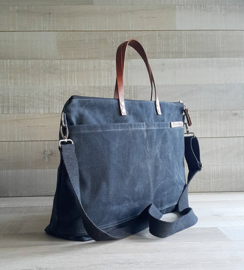 Waxed Canvas Bag in Charcoal Black Weekender Tote Bag image 3