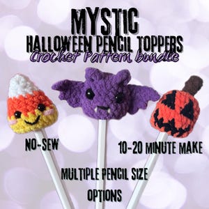 ミスティック ハロウィーン ペンシル トッパー かぎ針編みパターン バンドル | 縫う必要なし | 10 ～ 20 分 | ジャック オ ランタン、キャンディ コーン、コウモリ | マーケットやギフトに最適