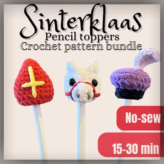 Sinterklaas haakpatroon: Sinterklaas Mijter, Pietenmuts & het paard Ozosnel Pencil Toppers | Sint en Piet | Nederlandse en US Haaktermen