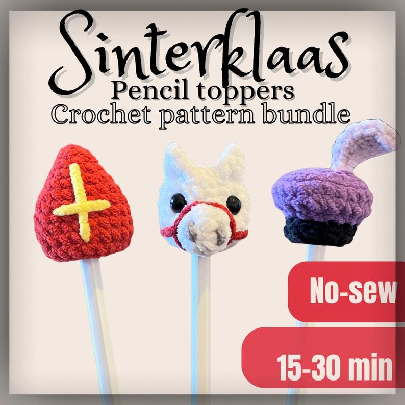 May include: Three crochet pencil toppers: a red bishop's hat, a white horse head, and a purple beret. The toppers are no-sew and take 15-30 minutes to make.  Sinterklaas Pencil Toppers Crochet Pattern Bundle.
