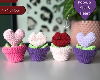 Pop-up Valentine Crochet Pattern Bundle | Heart flower & Kiss  flower| No-Sew | Amigurumi Flower Patterns | Valentine’s Gift | Crochet plant