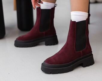 Handmade Suede Chelsea Boots, Chunky Sole Leather Ankle Boots