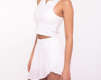 Conjunto de falda de tenis, top corto, shorts, atuendo deportivo