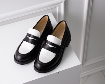 Mocasines de plataforma retro, mocasines de piel negra sin cordones