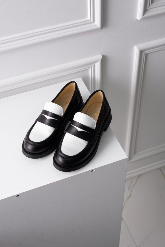 Retro Platform Penny Loafers, Black Leather Slip-Ons