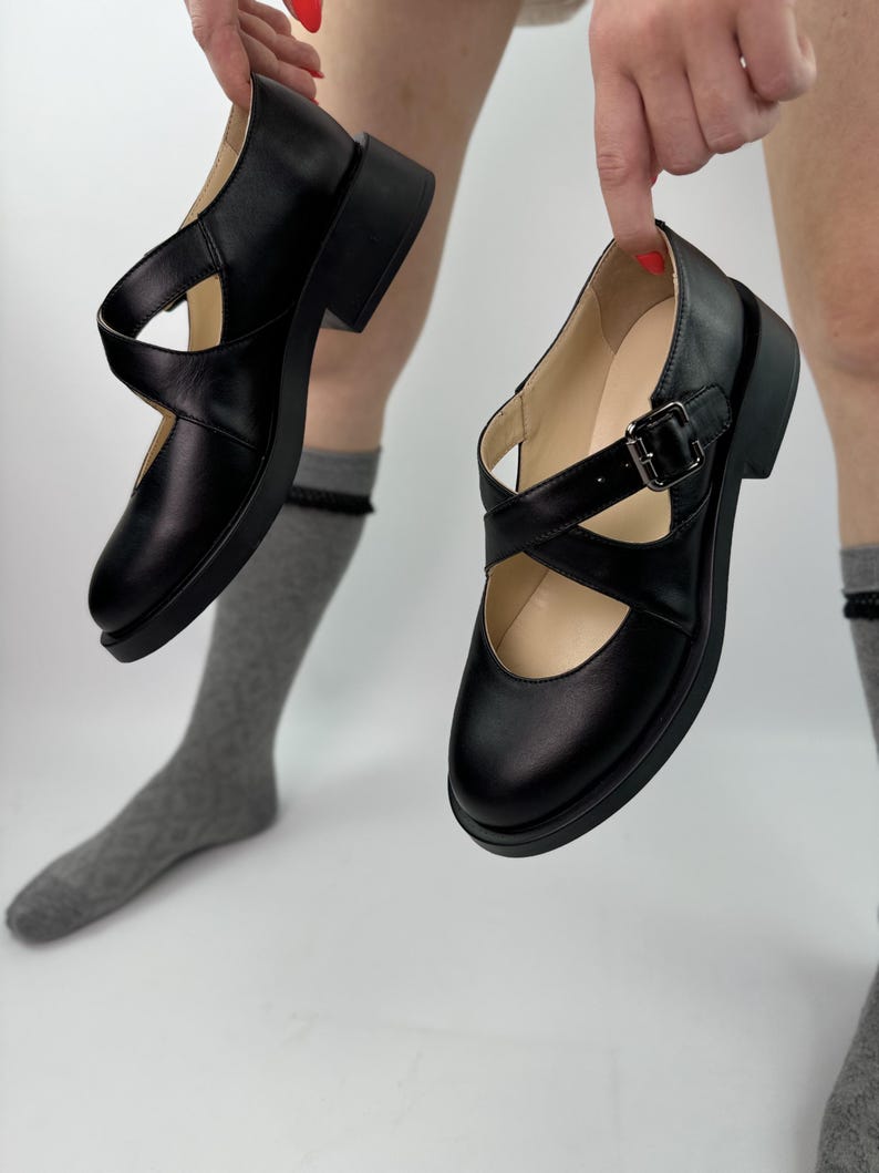 Handmade Black Leather Mary Jane Flats, Vintage Cross Strap Shoes - Etsy