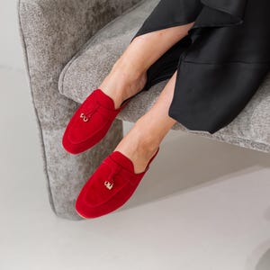 Leather Suede Mules Women, Red Mules Shoes Women, Loafers, Suede Shoes for Women, Autumn Shoes, Handmade Women Shoes, Gift for Her