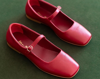Red Leather Mary Janes, Wide Square Toe Ballet Flats