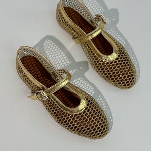 Gold Mesh Flat Mary Janes with Closed Toe, Leather Insole, Transparent Women Mary Jane Shoes, Sheer Fishnet Ballet Shoes, Ballet Flats