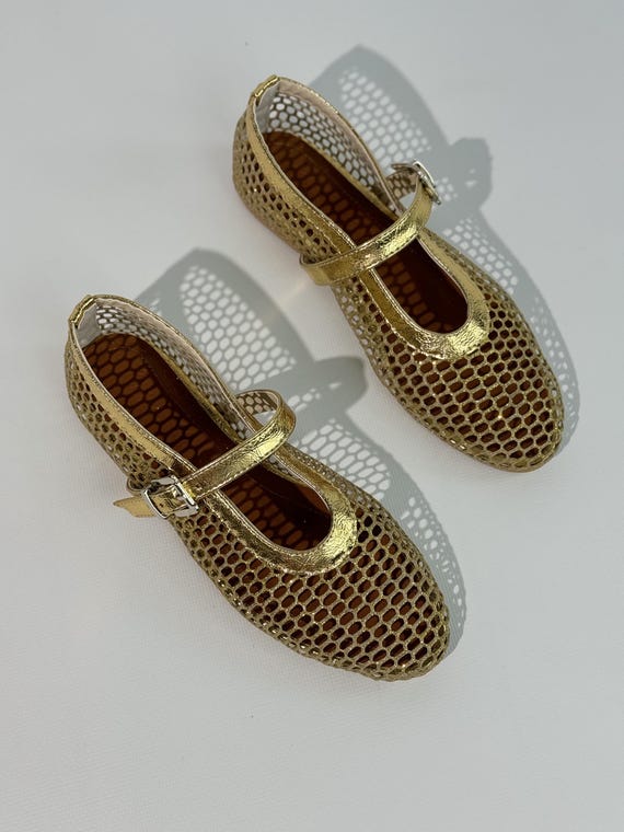 Gold Mesh Mary Janes, Sheer Fishnet Ballet Flats, Leather Insole