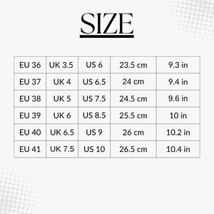 Puede incluir: Una tabla de tallas de zapatos con medidas en tallas US, UK, EU, cent&iacute;metros y pulgadas.