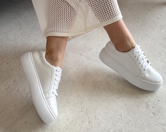 Weiße Leder Plateau Sneakers, Chunky Sohle Turnschuhe, Damen Freizeitschuhe