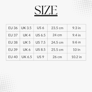 May include: A size chart for shoes with measurements in US, UK, EU sizes, centimeters, and inches.