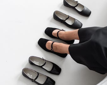 Black Leather Mary Janes, Square Toe Flats with Golden Buckle