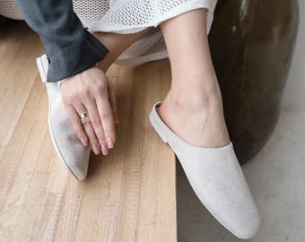 Grey Suede Mules, Handmade Minimalist Loafers